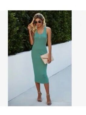Green/grey cotton, racerback Midi Dress